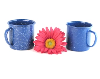 Blue Speckled Enamel Mugs - Coffee Cups - Vintage Kitchen - Camping Gear