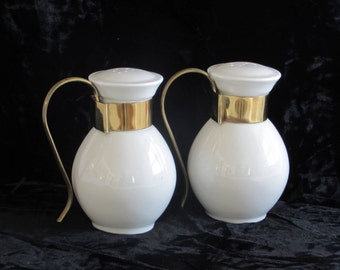 Classic Porcelain and Brass Mid Century Salt and Pepper Shakers - Vintage Home Decor