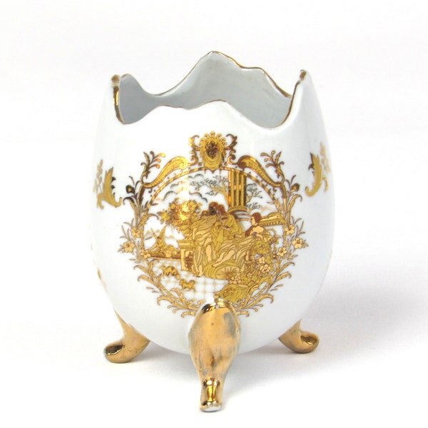 Rare Small Dogs Playing in French Courtyard - Beautiful Women in Flowing Robes - Gold Footed Egg - Fine Porcelain - Elegant Vintage Decor