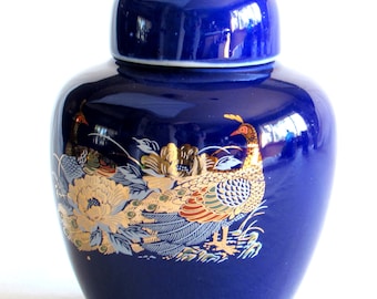 Cobalt Blue Lidded Ginger Jar Container - Gold Gilt Birds - Peacocks - Pheasants - Flower -  Vintage Home Kitchen Decor