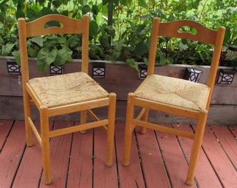 Set of Two Wood and Wicker Casual Chairs - Shabby Chic - French Country - Antique Cottage - Rustic Farmhouse - Cafe - Pub Extra Seating