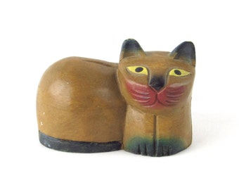 Cute Wooden Folk Art Kitty Cat Figurine - Vintage Hand Crafted Home Decor