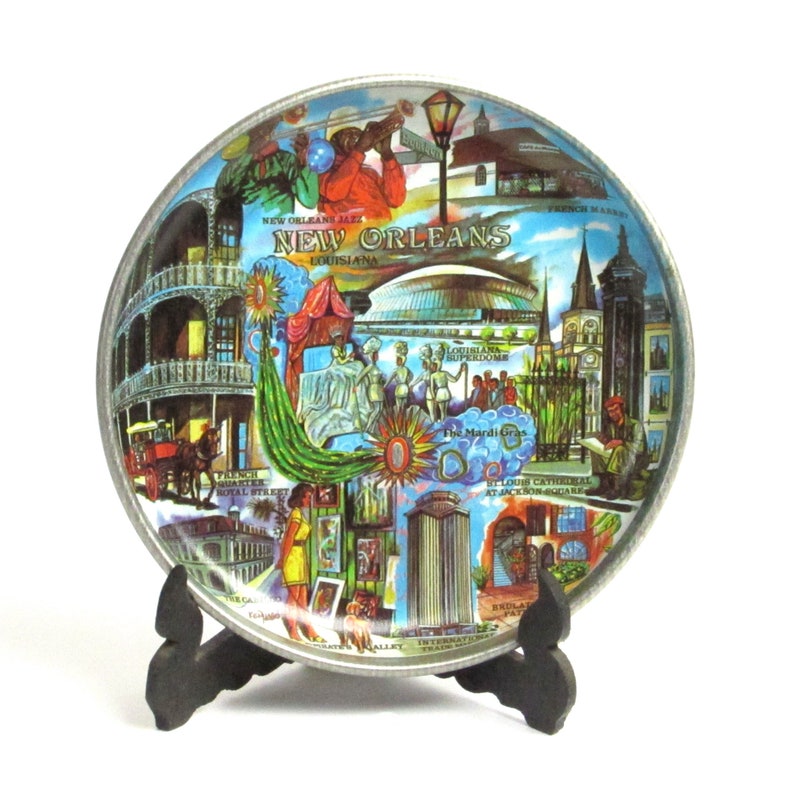 New Orleans Tin Plate Tray Dish Home Decor Vintage 1960s Souvenir Art Artist Signed immagine 9