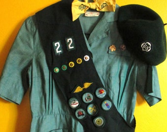 Official 1950s Girl Scouts Uniform - 100% Wool Cap - Bow - Sash - Belt - Badges - Pins - All the Bells and Whistles - Historical Scout Dress