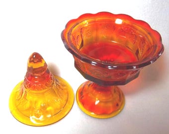 Rare Amberina Colored Glass Container with Lid - Vintage Tangerine - Orange Spice - Yellow Fade Jar- Compote Home Decor