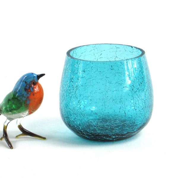 Blue Glass Candle Holder - Votive - Tea Light - Colorful Crackle Glass Home Décor