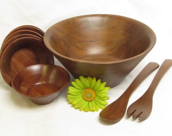 Large 9 Piece Rich Walnut Handcrafted Wooden Salad Bowl Serving Set - Handmade in Missouri - Vintage Home Dining - Large Kitchen Salad Set