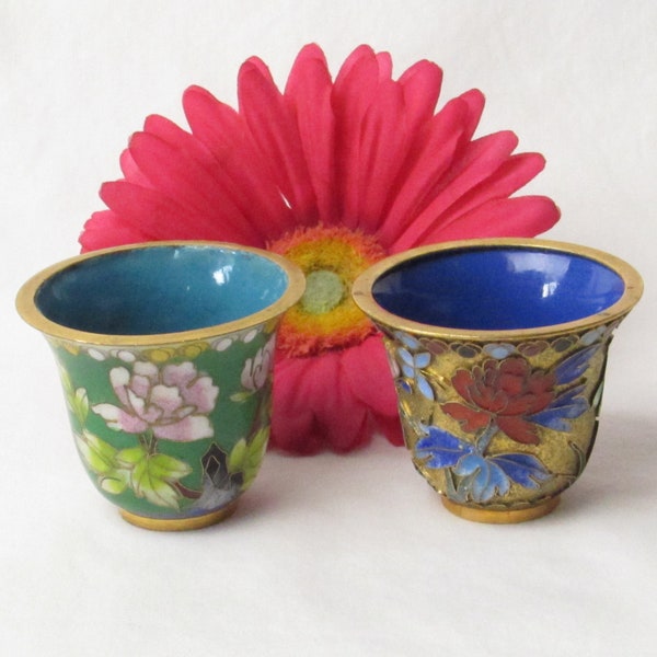 Pair of Beautiful Brass Cloisonne Enamel Tea Light Cups in Teal Green Blue and Gold with a Dainty Floral Design Motif - Vintage Home Decor