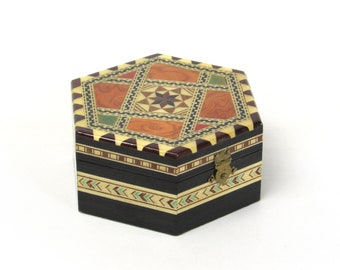 Hexagonal Shaped Exotic Jewelry Box - Intriguing Lacquered Wood Inlay - Inset Geometric Design - OOAK Vintage Home Décor