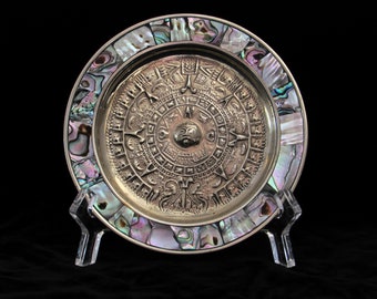 Silver and Abalone Tribal Aztec Sun Dial Wall Hanging - Dish - Primitive - Ancient Mayan Calendar - Vintage Ethnic - Cultural - Global Decor