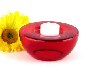 Red Glass Candle Holder - Round Votive - Tea Light Holder - Vintage Home Decor