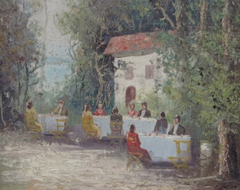 Original Signed Colletti Oil Painting - People Enjoying Afternoon Tea - Outdoor Terrace Dining - Twentieth Century Vintage Home Decor