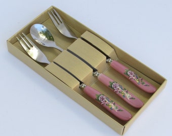 Pretty in Pink Childrens Flatware Circa 1960s - Baby Girl Spoon Fork Silverware - 3 Piece Flatware Set in Box - Signed Hotel Souvenir