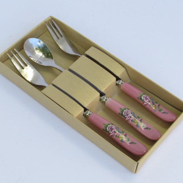 Pretty in Pink Childrens Flatware Circa 1960s - Baby Girl Spoon Fork Silverware - 3 Piece Flatware Set in Box - Signed Hotel Souvenir