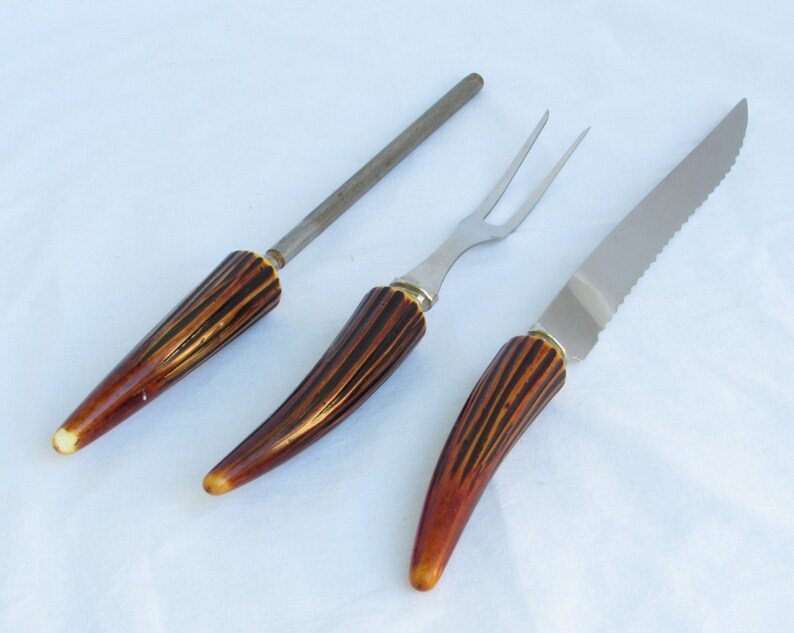 Bakelite Antler Bone Look Carving Set 3 Piece Stainless Etsy