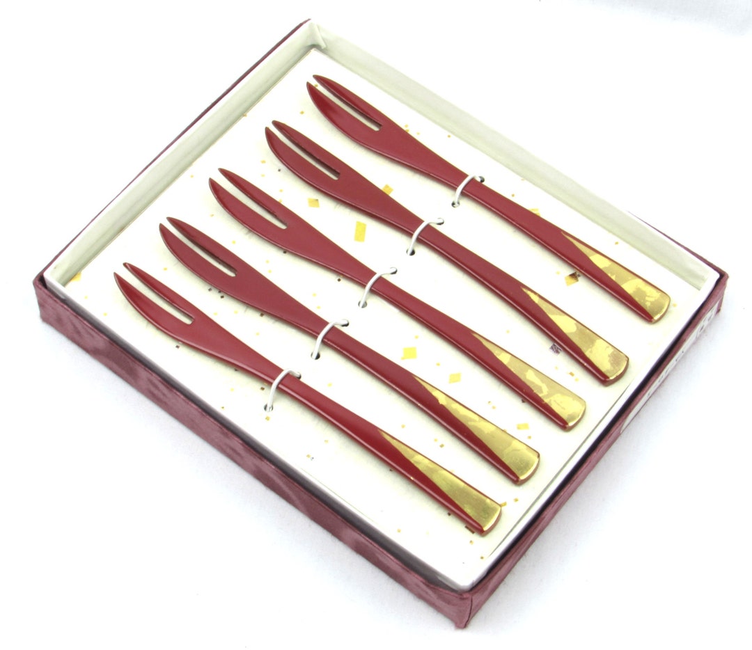 Asain Lucite Forks for Hors D' Oeuvres Red and Gold Tone Flatware Cocktail Party Utensils
