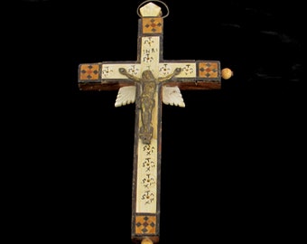 Vintage Crucifix - Wood with Mother of Pearl Embellishments - Pre-Mid Century - Made in Jerusalem - Vintage Home Decor