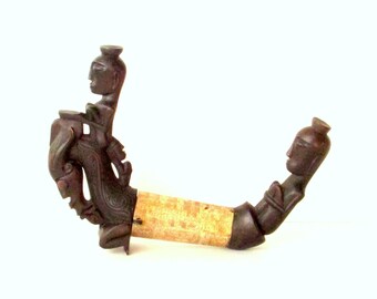 Hand Carved Snuff Container - Exotic Etched Bone Center - Scrimshaw Style - OOAK Tribal Figures - Dark Wood People - RARE Vintage Home Decor