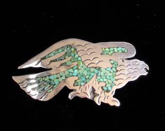 Navajo James Shay Signed Brooch - Turqoise and Sterling Silver Eagle Pin - Rare Silver Jewlery - 1970s Vintage Wearable Art