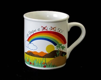 Life Begins at 50 Coffee Cup - Rainbow Coffee Mug - Colorful Vintage Kitchen - Home Decor