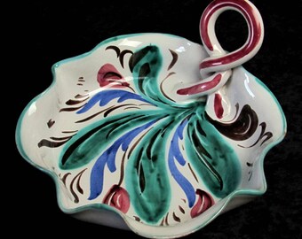 Unique Studio Pottery Dish Signed Italy - Hand Painted and Sculpted Italian Bowl with Twist Handle - Vintage Home Kitchen Decor