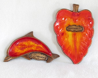 Pair of Treasurecraft Dishes - Firey - Red Hot - Leaf and Dolphin - Hawaii and Sea World Souvenirs - Colorful 1969 Vintage Home Decor