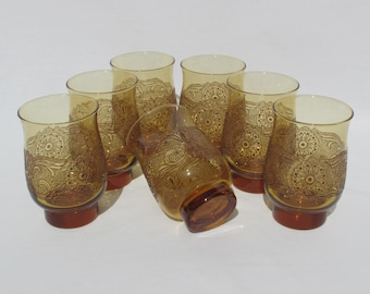 7 Victorian Style Raised Relief Amber Colored Glasses - Lot of Seven (7) - Scrolling Floral Design Motif