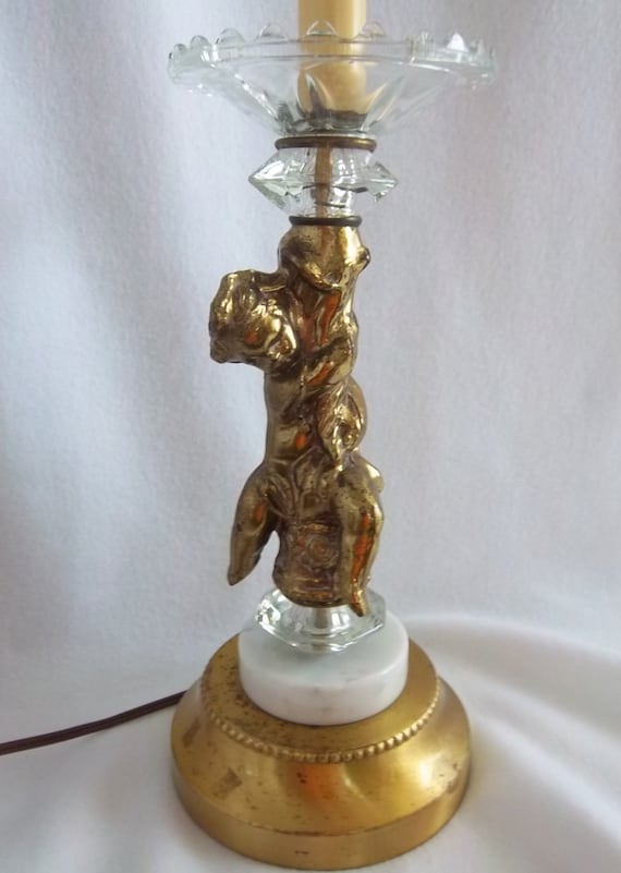 Child Angel Lamp Brass Cherub With Crystal Accents and Marble Base