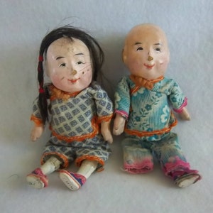 Antique Chinese Dolls Man and Woman Couple in Silk Clothing with Real Human Hair