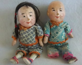 Antique Chinese Dolls Man and Woman Couple in Silk Clothing with Real Human Hair