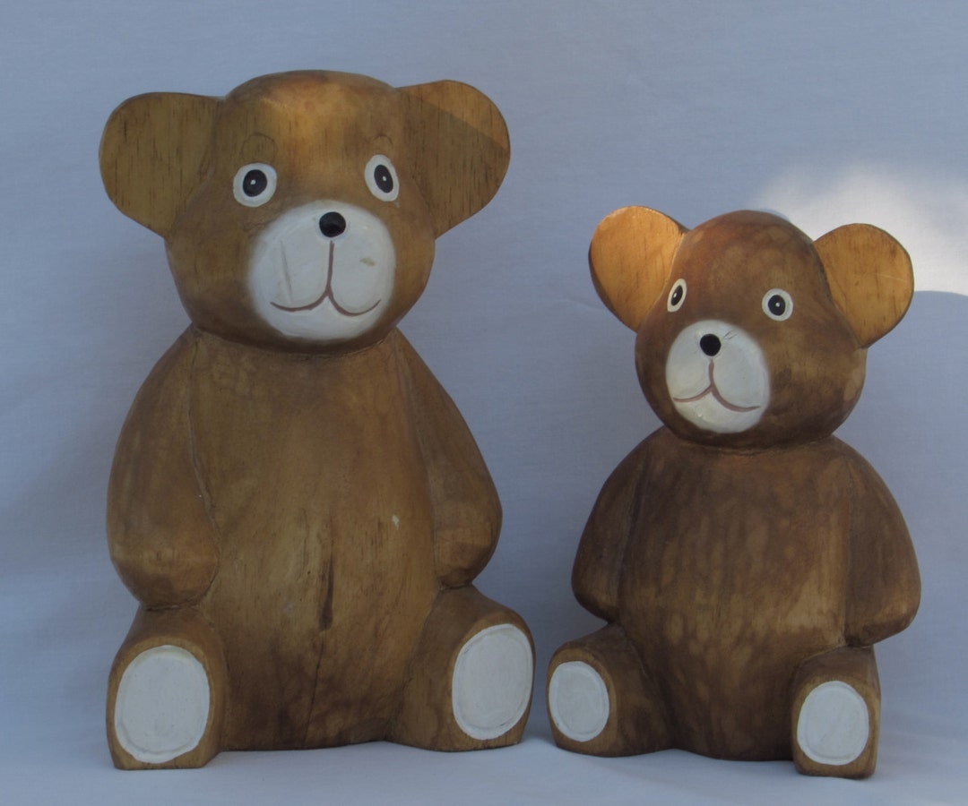 One PAIR set of Two Hand Carved Wooden Teddy Bearsvintage Nursery