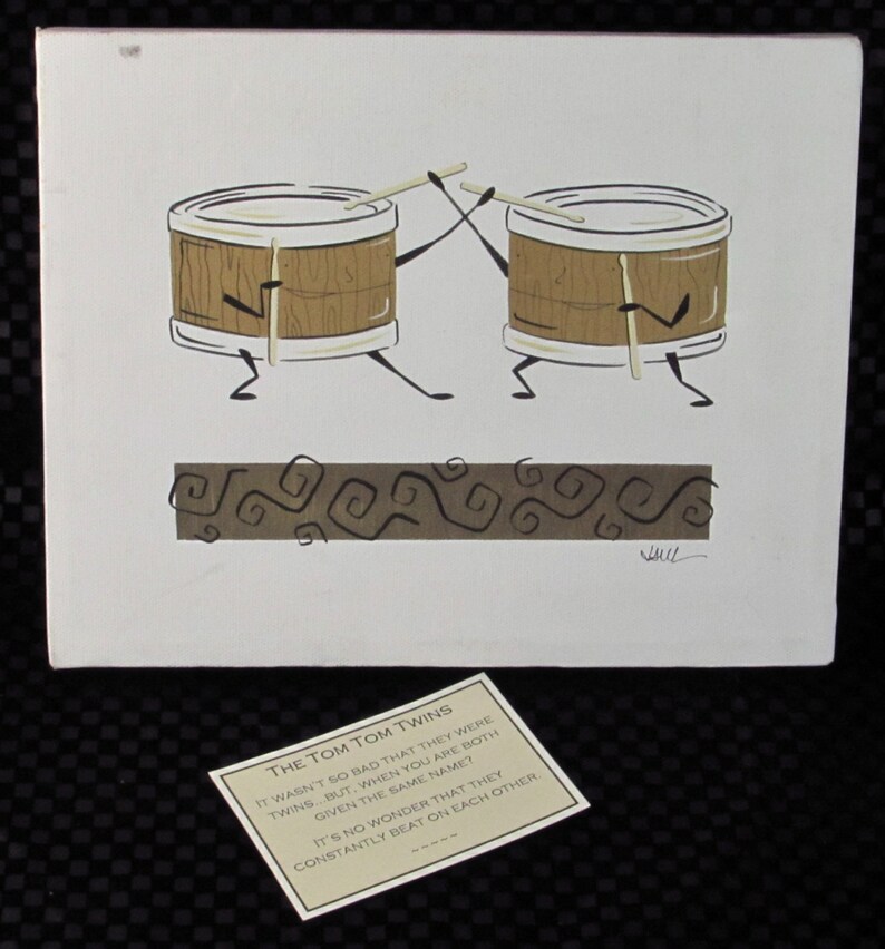 Percussion Musical Instrument Art The Tom Tom Twins by Julie Lewis Artist Signed Wall Hanging Beating Drums with Cute Story Card