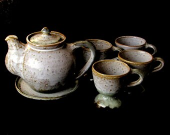 Teapot Set - Earthy Stoneware Pottery - Teapot Set with either Four or Eight Matching Cups - Vintage Home Kitchen Decor