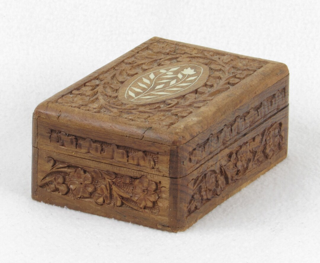 Vintage Wood Jewelry Box Hand Carved Celluloid Floral Inset Design