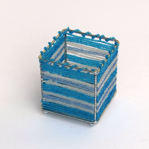 Blue Seed Bead and Silver Metal Candle Holder