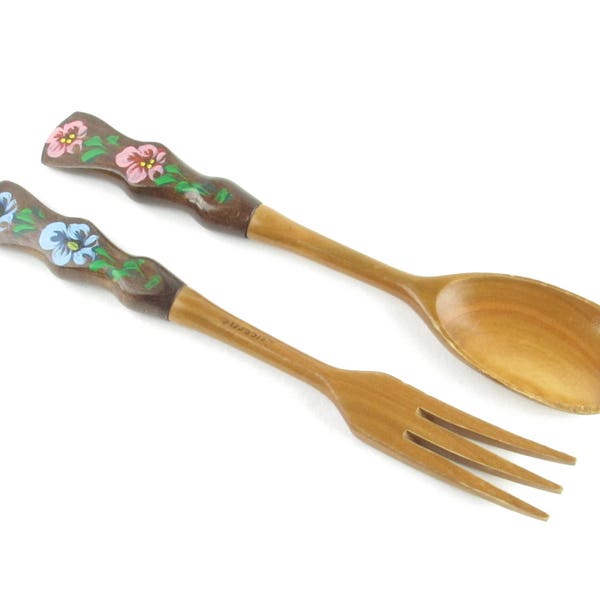 Danish Modern Salad Servers - Pink and Blue Floral Design Motif