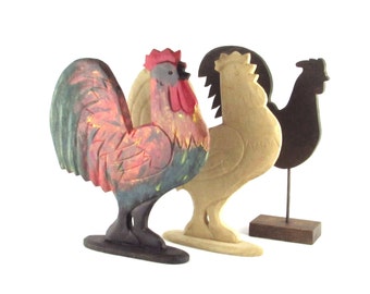 Handcrafted Three Wooden Roosters - Set of 3 Standing Cocks - Chicken Statues - Vintage Country Home - Farmhouse - Ranch Decor