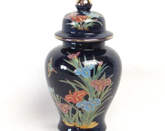 Hummingbird Ginger Jar - Cobalt Blue Japanese Floral Nature - Gold Gilded -  Mid Century Cloisonne Enamel - Chinoiserie Vintage Home Décor