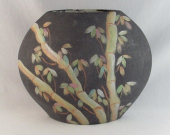 Charcoal Grey Pillow Vase with Asian Bamboo Design Motif - Vintage Hme Decor