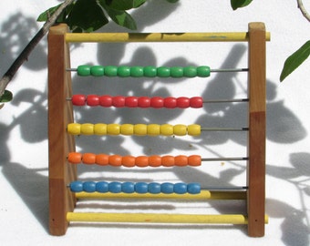 Pre Computer Abacus Type Counting Beads Teaching Tool - Coloful Colors of the Rainbow Wooden Beads on Wood Stand by Sandberg - Vintage Toy