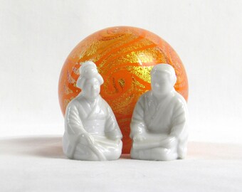 Meditative Couple - Miniature White Porcelain Man and Woman Figurines