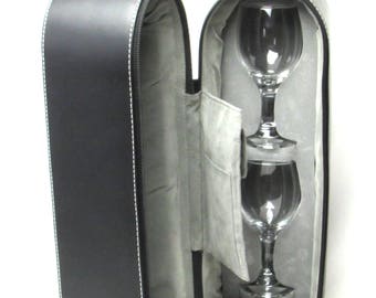 Personal Travel Bar Wine Bottle and Glasses Carrying Case Zippered Black  Leather First Date Honeymoon Vintage Home Decor 