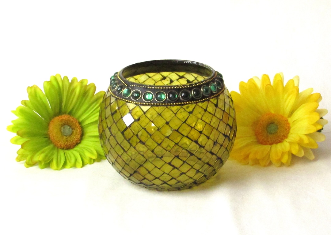 Mosaic Tile Art Glass Bowl Candle Holder Vintage Green Glass Etsy