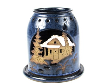 Midnight Blue Chateau Candle Holder - Incense Burner - Cozy Cabin in the Woods - Cobalt Blue Sky - OOAK - Unique - Zen Vintage Home Decor