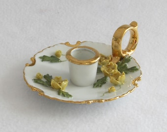 Vintage 1958 Candle Holder - 22K Gold Gilded - Porcelain - Yellow Rose Flowers - Capodimonte Style - Rare Vintage Home Decor