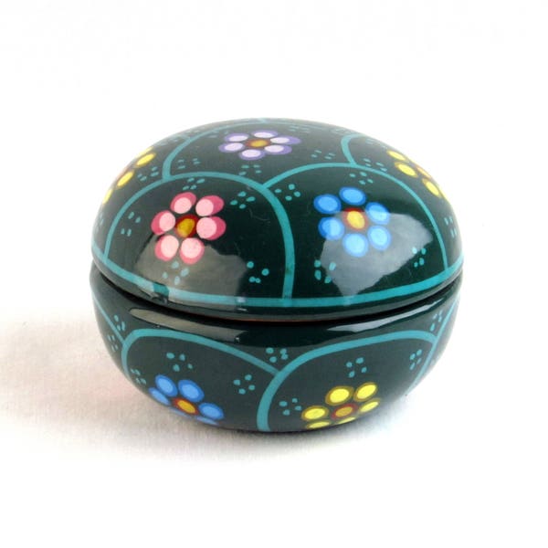 Emerald Green Trinket Box - Colorful Hand Painted Terracotta Jewelry Box - Rainbow Colored Flowers - Teal Trim - Vintage Home Decor