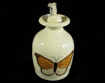 Oil Lamp - Studio Signed Ceramic Clay Oil Lamp - Handpainted Butterfly Art - Vintage Home Decor