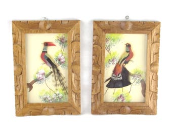 Real Feather Birds Wall Hangings - Pair - Hand Painted Tree Branch - Framed Behind Glass - Vintage Exotic - OOAK - Zen Home Decor