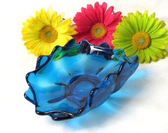 Beautiful Blue Blown Glass Ashtray - Candy Dish - Deep Sea - Clear Sky - Ocean Blue - Good Fortune Feng Shui Colors Vintage Home Decor