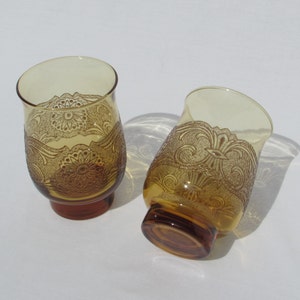 7 Victorian Style Raised Relief Amber Colored Glasses Lot of Seven 7 Scrolling Floral Design Motif image 3